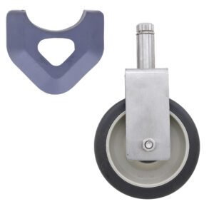 The Metro 5MPRXGSA caster, designed for MetroMax Industrial Shelving, features a silver and black look with a gray rubber edge. It includes a metal axle, solid hub, and separate gray mounting bracket with a triangular cutout for easy attachment.