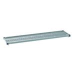 The MetroMax Q MQ1872G Plastic Industrial Shelf with Grid Mat, 18 x 72 features a sleek metal frame with a slotted design, incorporates railings on both sides for stability, and includes wheels or feet at each corner for easy mobility.