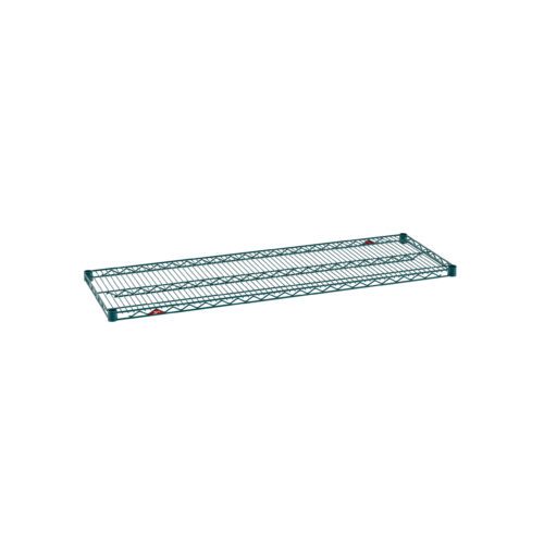 The Metro Super Erecta 1854NK3 Industrial Wire Shelf in Metroseal Green Epoxy features a grid design, measures 18 x 54, and includes two red labels on the front corners.