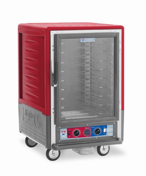 pz3uht29lrwhqku50yecfbw82sy4pavj.jpg The Metro C535-CXFC-U C5 Insulated Holding/Proofing Cabinet is a 1/2 height unit with a full-length clear door, universal wire slides, and control dials. Its red, operates at 220-240V and 50/60Hz, with wheels for mobility.
