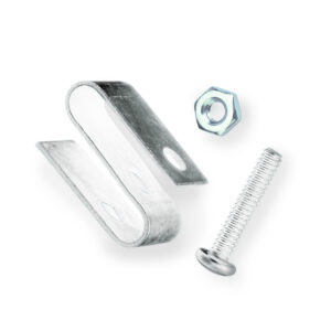 A metal U-shaped bracket, a hexagonal nut, and a flat head screw rest on a white background. Nearby, the Metro H9995C Security S Hook for Super Erecta Industrial Wire Shelving in chrome gleams, ready for assembly.