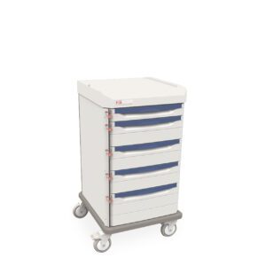 The Metro SXRS40CM1 Starsys General Supply Cart, featuring a white and gray design, includes five drawers with blue handles. Built for easy mobility on four wheels, it blends style with functionality against a simple white backdrop.