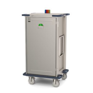 The Metro CaseVue CV24HS-NBFH-W2 is a gray mobile surgical case cart with four wheels, blue bumpers, and measures 33.5W x 28D x 58.25H. It includes a side handle, solid door with green handle, color flags on top, and pullout wire shelves for easy access in healthcare settings.