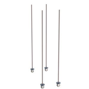 Four long, thin metal rods attach to small black wheels, resembling the Metro BTMK4 qwikTRAK Mobile Unit Kit for Super Erecta Wire Shelving. The setup contrasts against a plain white background, showcasing the elegance of its Metroseal Gray Epoxy finish.