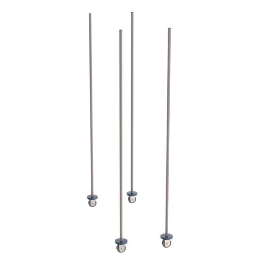 q4bflkbckif25q7awxulsy4a7hfkfxfb.jpg Four long, thin metal rods attach to small black wheels, resembling the Metro BTMK4 qwikTRAK Mobile Unit Kit for Super Erecta Wire Shelving. The setup contrasts against a plain white background, showcasing the elegance of its Metroseal Gray Epoxy finish.