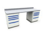 The Metro SXR30WC6 Starsys Workcenter features a white workbench, gray tabletop, two sets of blue/white drawers with handles (each set has four drawers), and a backsplash for modern functionality.