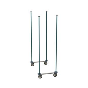 The Metro TTM24K3 Top-Track Mobile Unit Kit for 24 Wide Super Erecta Wire Shelving features two tall poles on wheeled bases, offering a minimalist structure with Metroseal Green Epoxy for streamlined support or display.