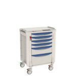 The Metro FLP41100 Flexline cart is a white medical cart featuring blue drawers, a digital keypad on top, and four wheels—two with locks for stability.