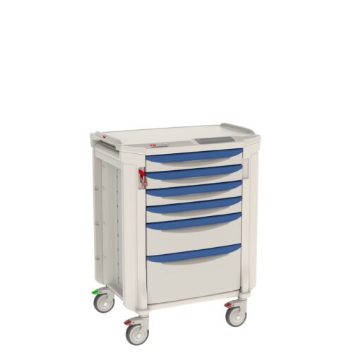 q86y9eu8vcbnrxj9alr3ceboxinc6x9m.jpg The Metro FLP41100 Flexline cart is a white medical cart featuring blue drawers, a digital keypad on top, and four wheels—two with locks for stability.
