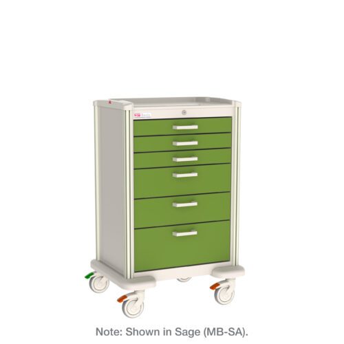 q8llbo1vut1jhibiaug1lv1vkabjwloi.jpg The Metro MBP3210TL Basix Plus General Use Medical Cart features a top compartment, six drawers, and four wheels. It is shown in green and white against a plain white background with a note: Shown in Sage (MB-SA).