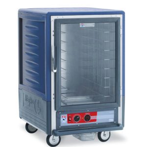 The Metro C535-HFC-4-BU C5 3 Series is a 1/2 height insulated holding cabinet on wheels, featuring a full-length clear glass door and fixed wire slides. It has a red control panel at the bottom, operates at 120V, and showcases a striking blue exterior design.