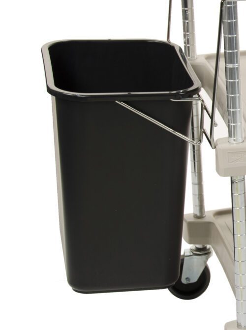 q93hjemo1m6uunm3s0ukzttdd046w4t3.jpg The Metro MYWB2 myCart Series Wastebasket, black and rectangular, integrates with a chrome-polled cleaning cart. It features sturdy black wheels for efficient utility or janitorial use and hangs securely via a curved metal bracket.