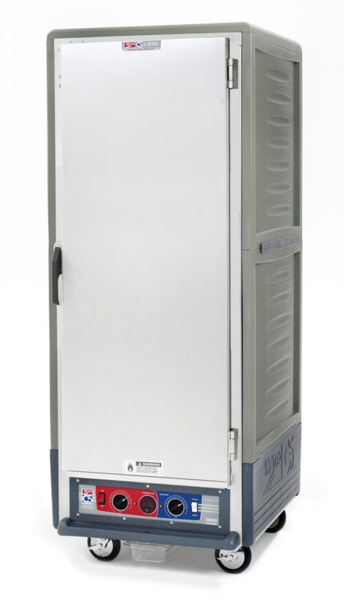 The full-height Metro C539-CFS-L-GY C5 3 Series Insulated Holding/Proofing Cabinet, operating at 120V and 60Hz, features a full-length solid gray door and lip load aluminum slides, standing on four wheels with control knobs on the lower front panel.