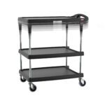 The black Metro MY2030-34BL-PL myCart Plus Series 3-Shelf Utility Cart, measuring 20 x 30, features height-adjustable shelves, silver legs, four blue casters, raised top shelf edges, and a side handle for effortless item transport.