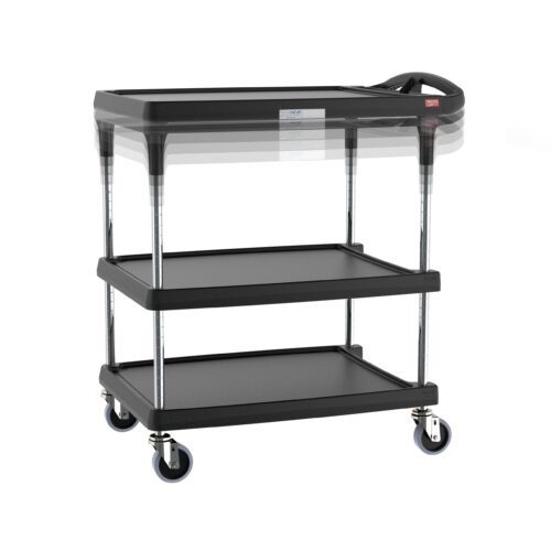 The black Metro MY2030-34BL-PL myCart Plus Series 3-Shelf Utility Cart, measuring 20 x 30, features height-adjustable shelves, silver legs, four blue casters, raised top shelf edges, and a side handle for effortless item transport.