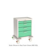 The Metro MBX1210TL Basix Medical Cart features a white frame, four Sea Foam Green (MB-SG) drawers on casters, a flat top surface, and a lock above the top drawer, offering both security and style.
