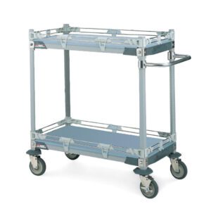 The Metro CHEMX3 MetroMax i Chemical Lab Cart is ideal for labs, featuring a gray metal design with two reinforced shelves, four swiveling rubber wheels, and a handle for easy maneuvering, making it perfect for transporting items in industrial or commercial settings.
