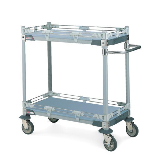 The Metro CHEMX3 MetroMax i Chemical Lab Cart is ideal for labs, featuring a gray metal design with two reinforced shelves, four swiveling rubber wheels, and a handle for easy maneuvering, making it perfect for transporting items in industrial or commercial settings.