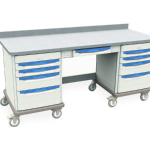 The Metro SXRK32MW6 Starsys Mobile Workcenter features a gray top with blue-handled drawers, six wheels for mobility, and a central cutout for legroom.