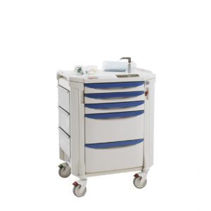 The Metro FLXAIR Flexline Airway Cart is a white cart featuring four blue drawers, a sturdy white top, and four wheels with colored locks for easy mobility. Its expertly designed to store essential medical supplies and equipment.