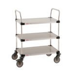 The Metro MW204L Super Erecta Lab Utility Cart has three stainless steel shelves in a silver metal frame (18 W x 30 L x 39.5 H), with black and gray caster wheels and two handles for smooth transport.