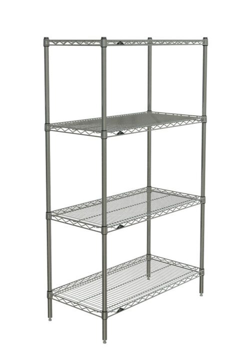 The Metro N336BR Super Erecta 4-Shelf Industrial Wire Shelving Starter Unit offers a versatile, open storage solution with its tall, silver design featuring four Brite wire shelves measuring 18 x 36 x 63.