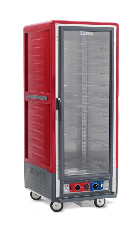 The Metro C539-CLFC-U C5 3 Series Cabinet is a full-height, insulated holding/proofing unit in red with a clear door and universal wire slides. Featuring adjustable metal shelves and a digital control panel at the base, its expertly designed for efficiency and mobility.
