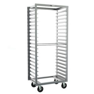 The Metro RD33N Side-Load Pan Rack has 3 slide spacing and measures 24.375 x 18.625 x 69.25. This tall metal rack with multiple slots stands on four wheels, featuring a straightforward rectangular design suitable for kitchens or bakeries.