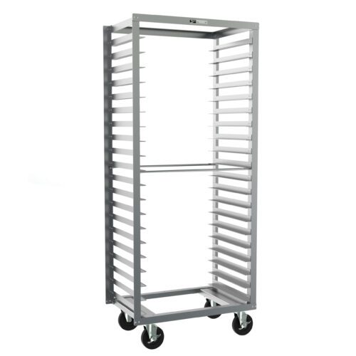 qf49d2tx6lfc8yaqodffmw2bvq4j7ei5.jpg The Metro RD33N Side-Load Pan Rack has 3 slide spacing and measures 24.375 x 18.625 x 69.25. This tall metal rack with multiple slots stands on four wheels, featuring a straightforward rectangular design suitable for kitchens or bakeries.