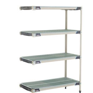 The MetroMax i AX346GX3 4-Shelf Plastic Industrial Shelving Add-On Unit, measuring 18 x 42 x 63, has four adjustable shelves in a grid design. Stabilized by vertical posts and braces, it stands securely on adjustable feet to efficiently organize any space.