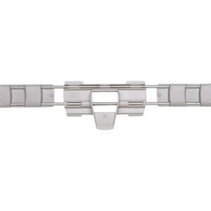 Close-up of a Metro MAX4-LS18-2S Stackable Shelf Ledge, in white and gray plastic, with symmetrical clips. Part of the MetroMax 4 industrial shelving system, measuring 18 L x 2 H, featuring a horizontal layout with various slots and a central hinge for electronics or cabinetry.