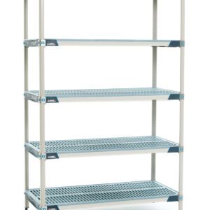 The MetroMax i 5X377GX3 5-Shelf Plastic Industrial Shelving Starter Unit measures 18 x 72 x 74, featuring grated shelves for ventilation. Note: Actual dimensions may vary.