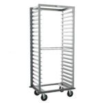 A Metro RD33NA33 Side-Load Pan Rack with a gray continuous bumper offers 3 slide spacing for standard trays, measuring 26.375 x 20.625 x 69.25. It features four wheels for mobility and an open-frame design for easy access, shown empty against a white background.