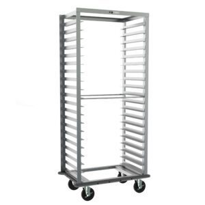 A Metro RD33NA33 Side-Load Pan Rack with a gray continuous bumper offers 3 slide spacing for standard trays, measuring 26.375 x 20.625 x 69.25. It features four wheels for mobility and an open-frame design for easy access, shown empty against a white background.