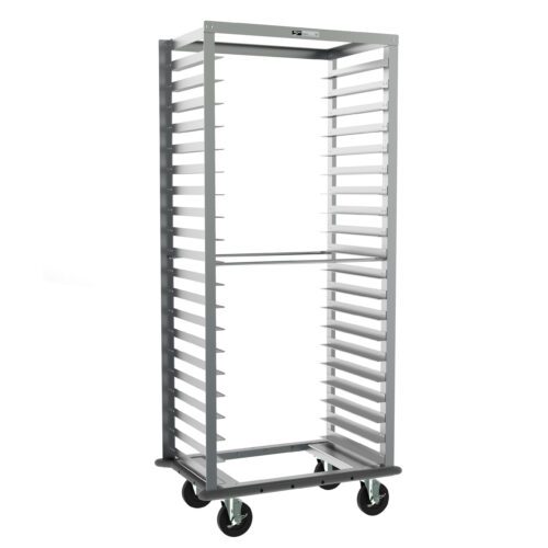 A Metro RD33NA33 Side-Load Pan Rack with a gray continuous bumper offers 3 slide spacing for standard trays, measuring 26.375 x 20.625 x 69.25. It features four wheels for mobility and an open-frame design for easy access, shown empty against a white background.