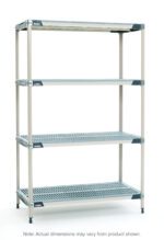 The MetroMax i X326GX3 Shelving Unit boasts a sturdy four-tier design with perforated blue shelves and a light gray frame. Measuring 18 x 30 x 63, it includes adjustable feet, with minor dimension variations possible.