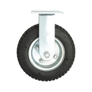 Meet the Metro C8SPNR, an 8 Monoprene Rubber Semi-Pneumatic Rigid C-Plate caster for made-to-order truck dollies, featuring a black tire with raised text on a metallic hub and a silver mounting plate above the wheel.