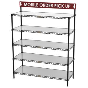 The Metro CR1848TGSR To-Go and Order Pickup Wire Shelving Workstation measures 18 x 48 x 63, has five wireframe tiers with white surfaces, and features a red Mobile Order Pick Up sign with white arrows, making it ideal for efficient order pickup organization.