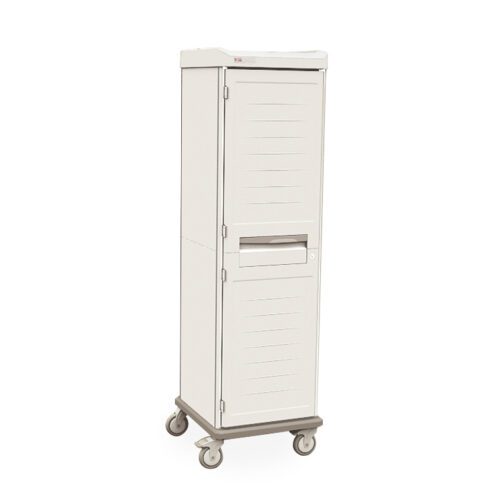 The Metro SXRS76MCATH1 Starsys Mobile Catheter Storage Cabinet is a single wide, beige medical cart with a 180 catheter capacity, two doors, and a central slot. It features horizontal lines for interior compartments and rolls smoothly on four wheels.