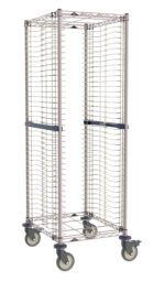The Metro RE1K4S End-Load Stainless Steel/Metroseal Gray Wire Bun Pan Rack features 1.5 slide spacing, 40-pan capacity, multiple horizontal wire shelves, and four large casters, making it ideal for transporting or storing items in industrial or commercial settings.