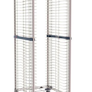 The Metro RE1K4S End-Load Stainless Steel/Metroseal Gray Wire Bun Pan Rack features 1.5 slide spacing, 40-pan capacity, multiple horizontal wire shelves, and four large casters, making it ideal for transporting or storing items in industrial or commercial settings.