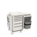 The Metro SXRXSCLINE Starsys Central Line Cart has a white, wheeled design with multiple drawers, a side compartment holding a gray trash bin, and additional storage sections for efficient hospital or clinic use.