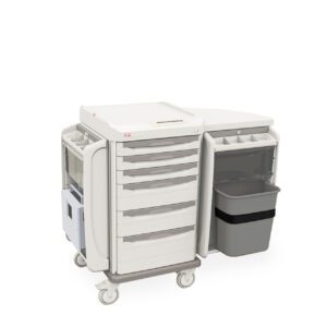 The Metro SXRXSCLINE Starsys Central Line Cart has a white, wheeled design with multiple drawers, a side compartment holding a gray trash bin, and additional storage sections for efficient hospital or clinic use.