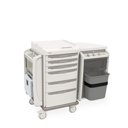 qkongnn6bmhc9awaovsjfiu3s8rouqhb.jpg The Metro SXRXSCLINE Starsys Central Line Cart has a white, wheeled design with multiple drawers, a side compartment holding a gray trash bin, and additional storage sections for efficient hospital or clinic use.