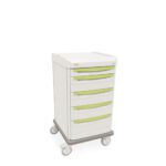 The Metro SXRSMDSRG Starsys Med Surg Cart is a white medical utility cart with six drawers, each having green handles. It features four wheels for easy mobility and a flat top for extra workspace or storage.