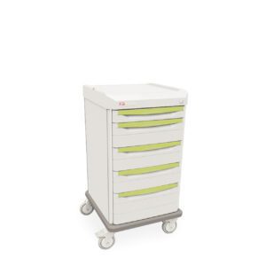 The Metro SXRSMDSRG Starsys Med Surg Cart is a white medical utility cart with six drawers, each having green handles. It features four wheels for easy mobility and a flat top for extra workspace or storage.
