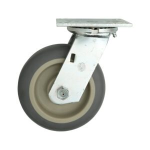 The Metro C6DA Caster, designed for made-to-order truck dollies, features a 6 high modulus donut swivel wheel with a metal mounting plate, gray rubber tire, beige center, and visible bolts securing the bracket.