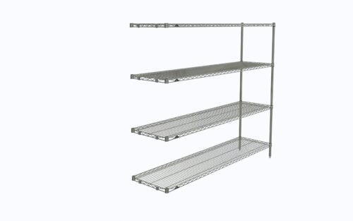 The Metro AN376C Super Erecta 4-Shelf Industrial Wire Shelving Add-On Unit (18 x 72 x 63) in chrome features a stylish design with three shelves on one side and four on the other, ideal for customization against a plain white background.