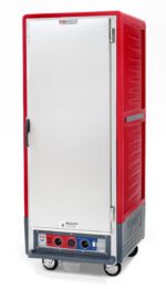 The Metro C539-CFS-LA C5 3 Series is a red food transport cart with a full-length solid door, featuring lip load aluminum slides and wheels. It includes control knobs and indicators for temperature maintenance. Powered at 120V, 60Hz, 2000W.