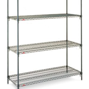 The Metro Super Adjustable Super Erecta A536K3 is a 4-shelf industrial wire shelving starter unit with a durable, adjustable design in Metroseal Green Epoxy. It measures 24 x 36 x 63, featuring adjustable shelves and corner supports, with possible dimension variations.